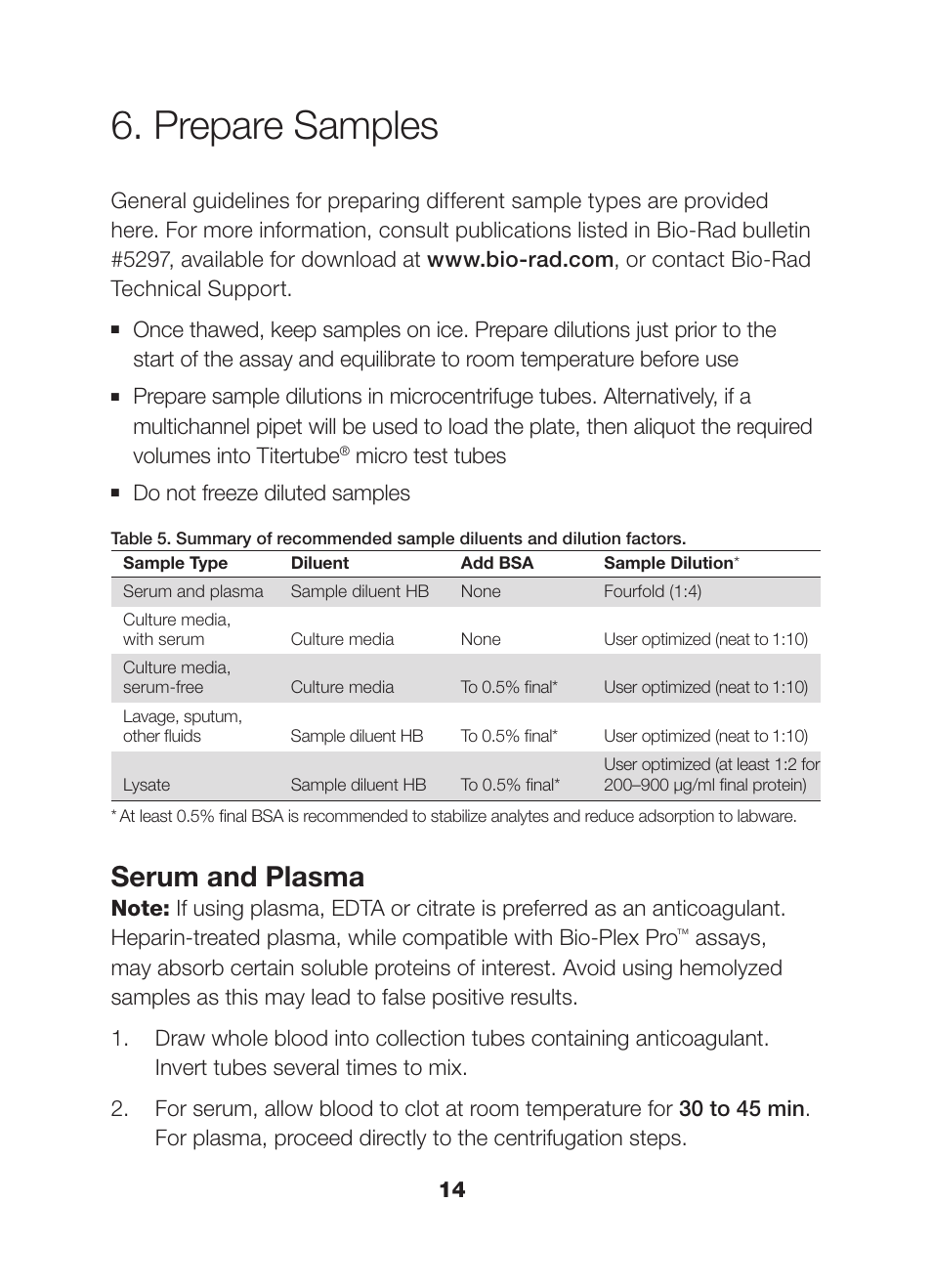 Prepare samples, Serum and plasma, Micro test tubes | Do not freeze diluted samples | Bio-Rad Bio-Plex Pro™ Human Chemokine Assays User Manual | Page 16 / 42