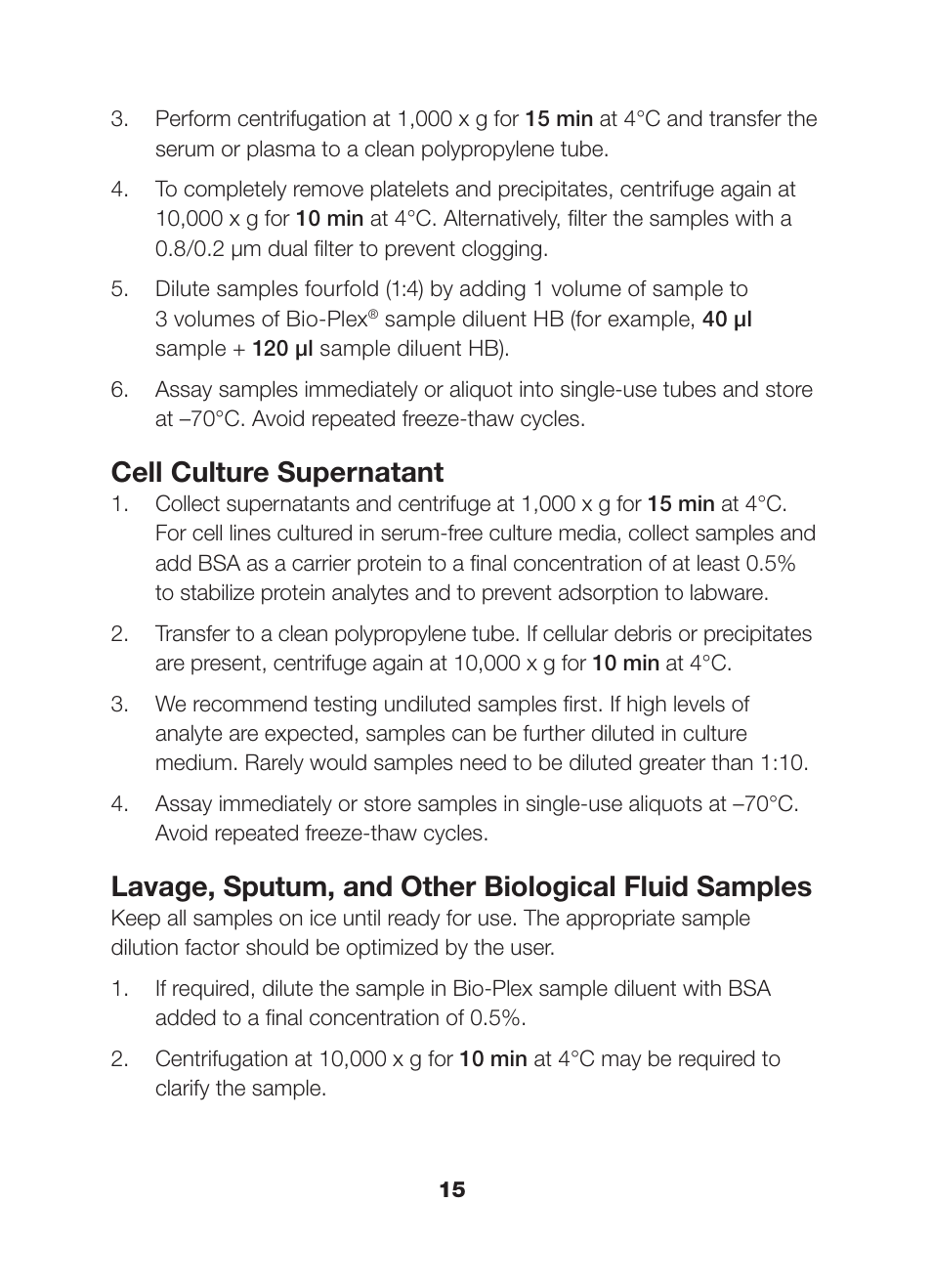 Cell culture supernatant, Lavage, sputum, and other biological fluid samples | Bio-Rad Bio-Plex Pro™ Human Chemokine Assays User Manual | Page 17 / 42