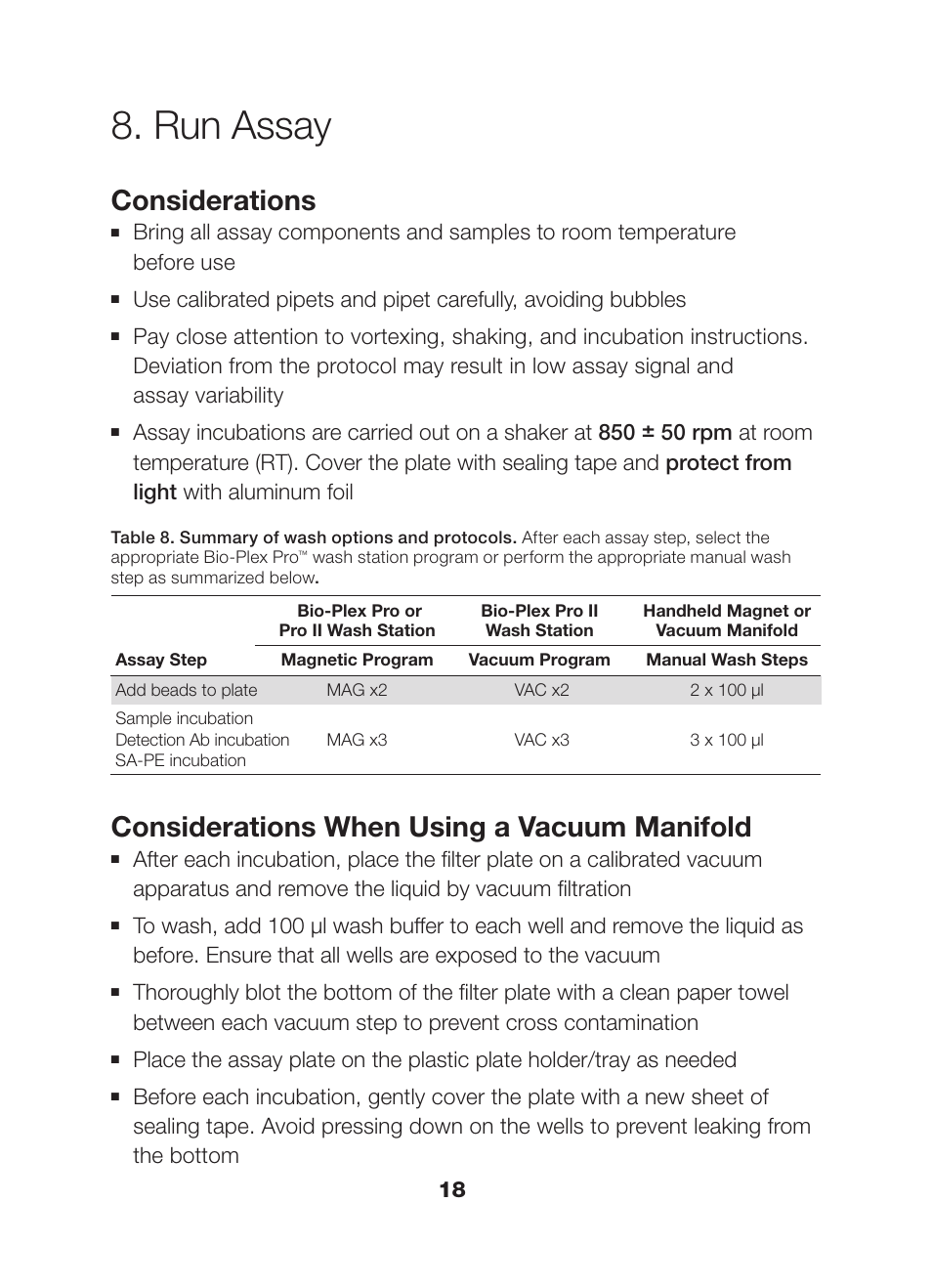 Run assay, Considerations, Considerations when using a vacuum manifold | Bio-Rad Bio-Plex Pro™ Human Chemokine Assays User Manual | Page 20 / 42
