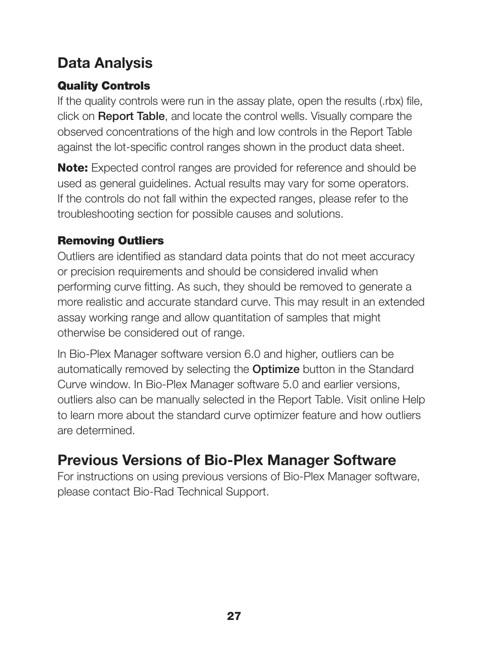 Data analysis, Previous versions of bio-plex manager software | Bio-Rad Bio-Plex Pro™ Human Chemokine Assays User Manual | Page 29 / 42
