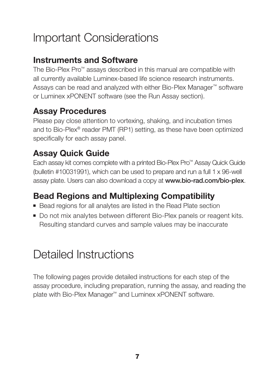 Lmportant considerations, Detailed instructions, Instruments and software | Assay procedures, Assay quick guide, Bead regions and multiplexing compatibility | Bio-Rad Bio-Plex Pro™ Human Chemokine Assays User Manual | Page 9 / 42