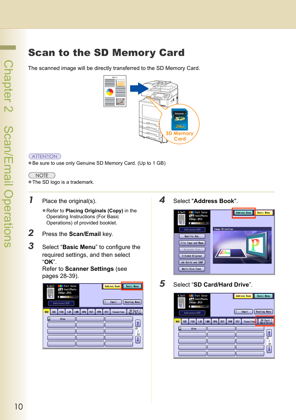 Scan/email operations, Scan to the sd memory card, Chapter 2 scan/email operations | Black Box DP-C262 C322 User Manual | Page 10 / 54