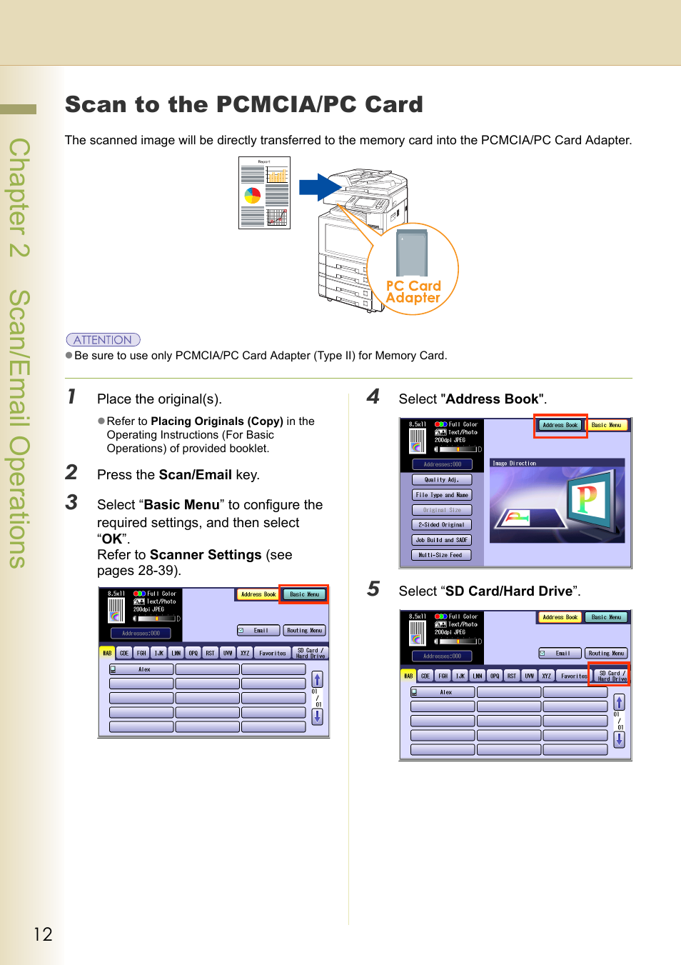 Scan to the pcmcia/pc card, Chapter 2 scan/email operations | Black Box DP-C262 C322 User Manual | Page 12 / 54
