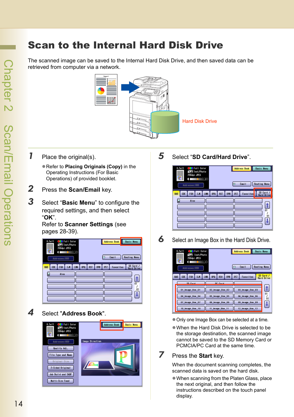 Scan to the internal hard disk drive, Chapter 2 scan/email operations | Black Box DP-C262 C322 User Manual | Page 14 / 54