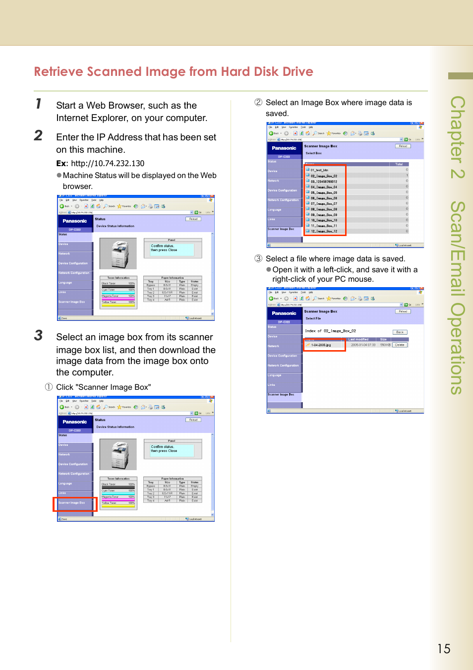 Retrieve scanned image from hard disk drive, Chapter 2 scan/email operations | Black Box DP-C262 C322 User Manual | Page 15 / 54