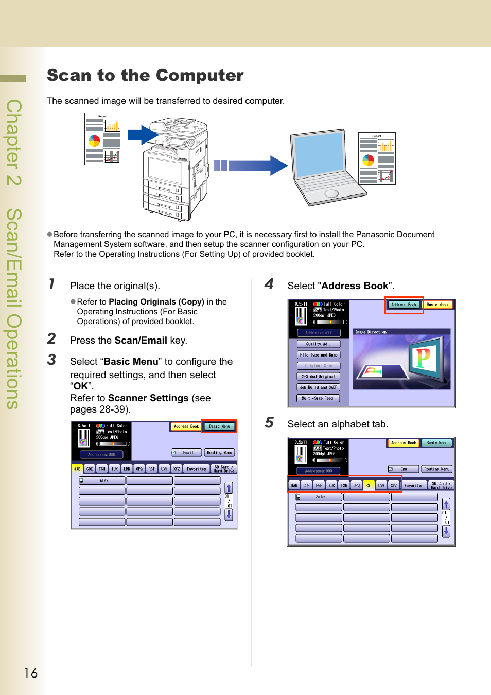 Scan to the computer, Chapter 2 scan/email operations | Black Box DP-C262 C322 User Manual | Page 16 / 54