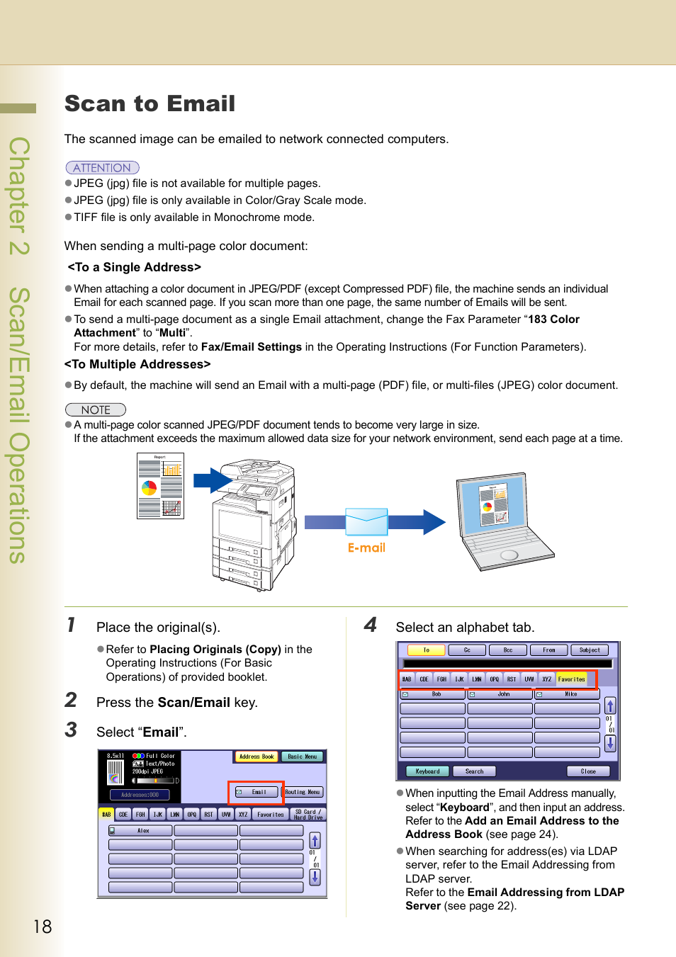 Scan to email, Chapter 2 scan/email operations | Black Box DP-C262 C322 User Manual | Page 18 / 54