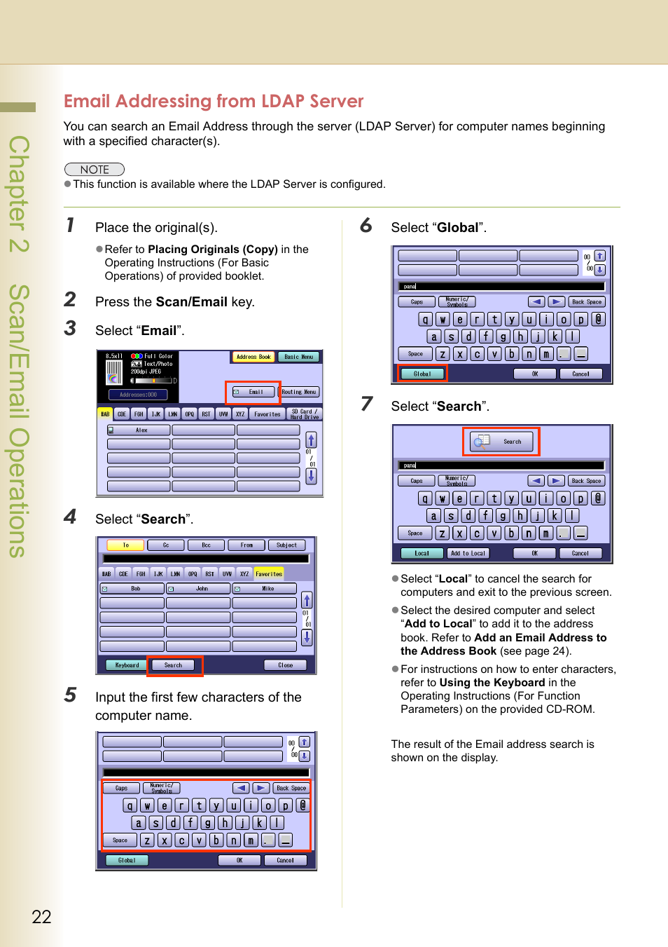 Email addressing from ldap server, Chapter 2 scan/email operations | Black Box DP-C262 C322 User Manual | Page 22 / 54