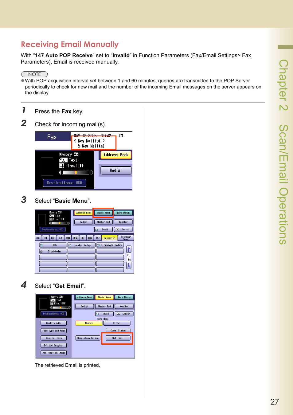 Receiving email manually, Chapter 2 scan/email operations | Black Box DP-C262 C322 User Manual | Page 27 / 54