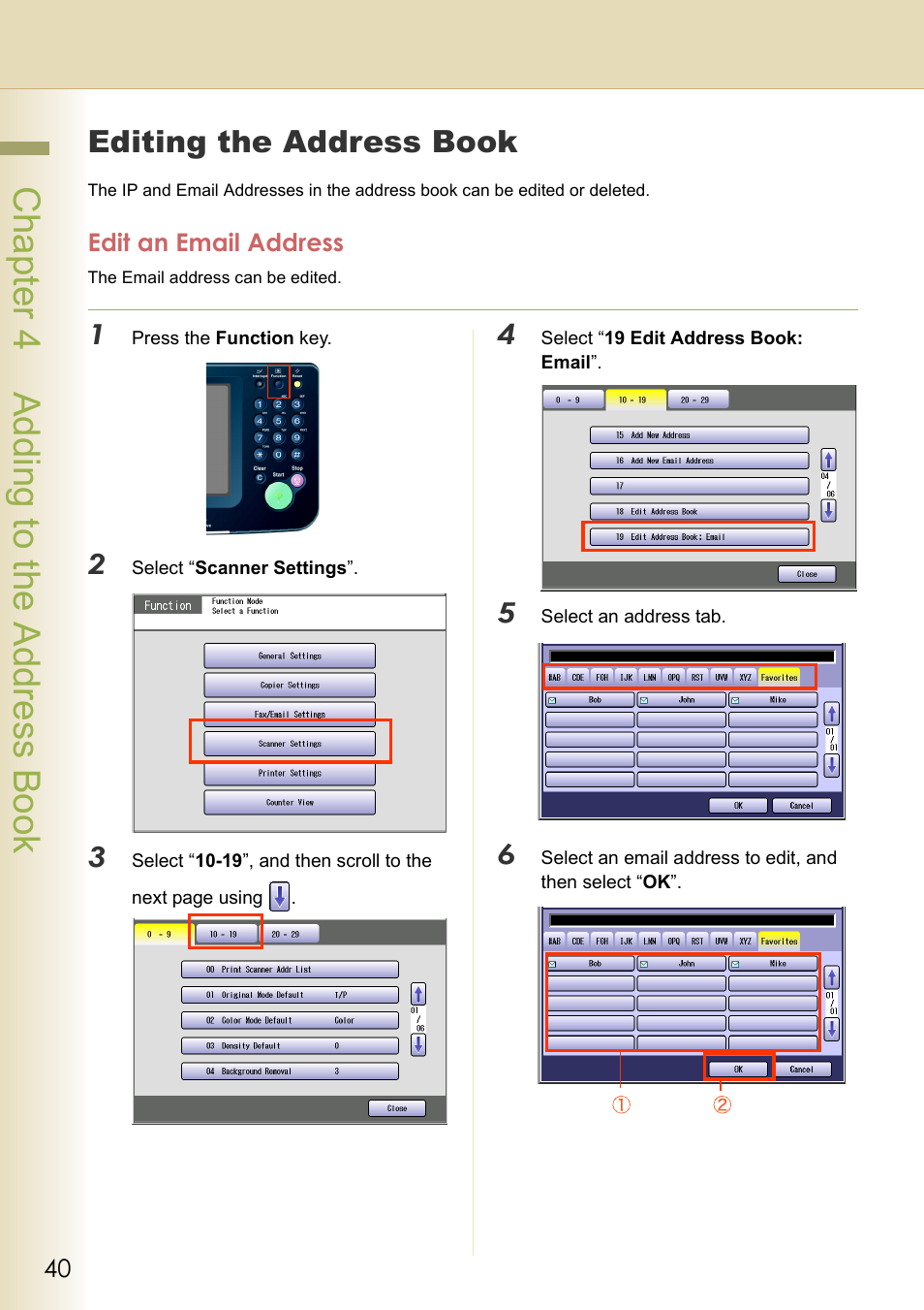 Adding to the address book, Editing the address book, Edit an email address | Chapter 4 adding to the address book, Chapt er 4 a ddi ng to the address book | Black Box DP-C262 C322 User Manual | Page 40 / 54
