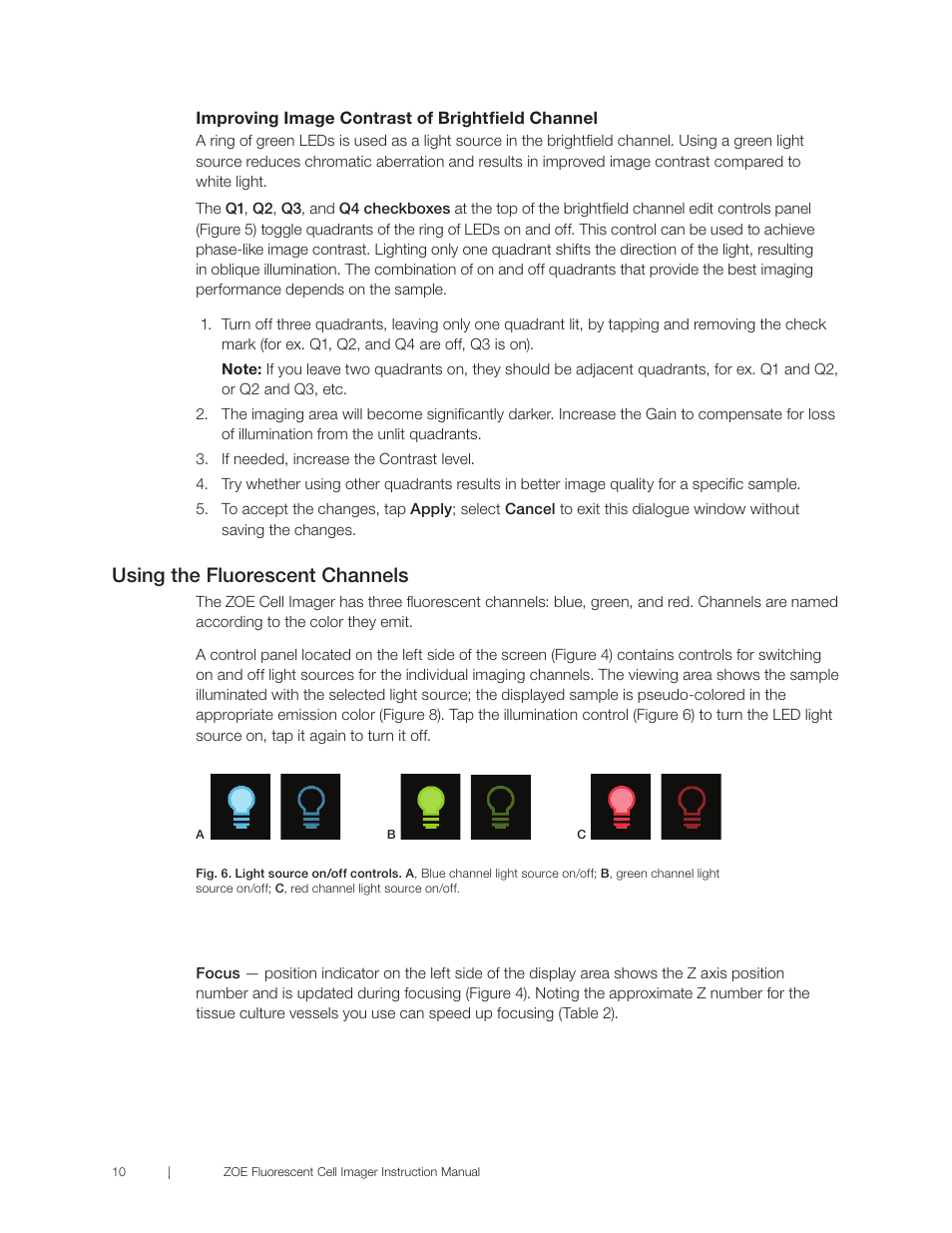 Using the fluorescent channels | Bio-Rad ZOE™ Fluorescent Cell Imager User Manual | Page 18 / 36