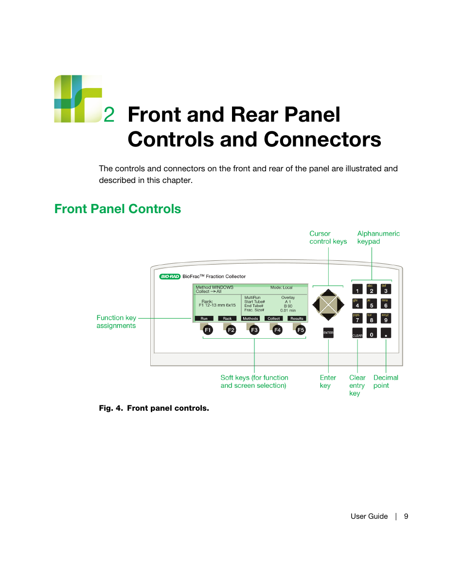 2 front and rear panel controls and connectors, Front panel controls, Chapter 2 | Front and rear panel controls and connectors, Chapter 2, front and rear panel, Controls and connectors, 2front and rear panel controls and connectors | Bio-Rad BioFrac™ Fraction Collector User Manual | Page 17 / 106