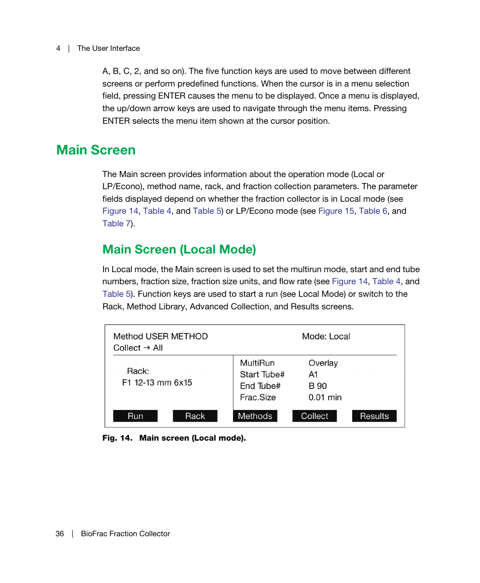 Main screen, Main screen (local mode) | Bio-Rad BioFrac™ Fraction Collector User Manual | Page 44 / 106