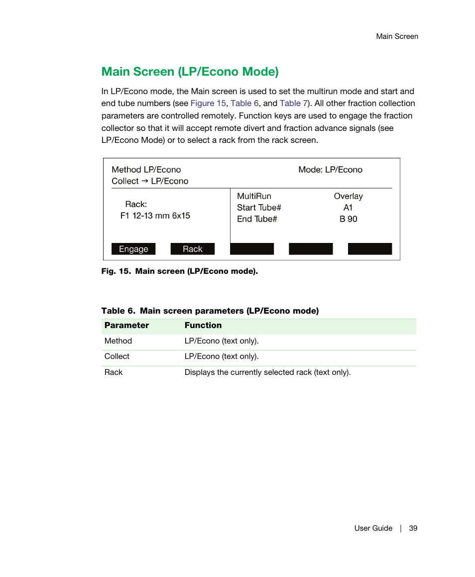 Main screen (lp/econo mode), Or lp/econo mode (see, Figure | Bio-Rad BioFrac™ Fraction Collector User Manual | Page 47 / 106