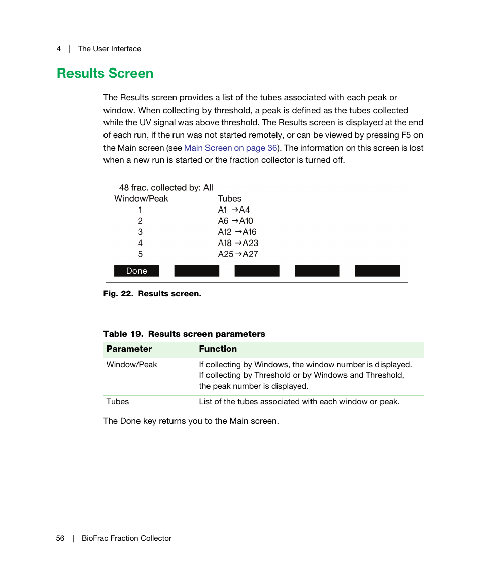 Results screen, Results of the last completed experiment (see | Bio-Rad BioFrac™ Fraction Collector User Manual | Page 64 / 106