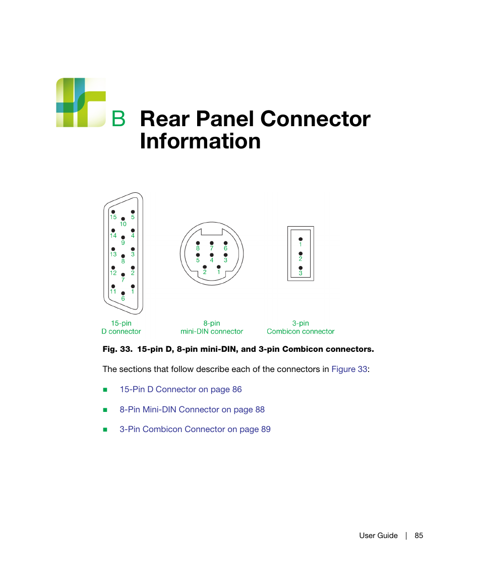 B rear panel connector information, Appendix b, Rear panel connector information | Appendix b, rear panel, Connector information, Appendix b, rear panel connector, Information, 85), and, 85) to the i/o port on the back of, Appendix b, rear | Bio-Rad BioFrac™ Fraction Collector User Manual | Page 93 / 106