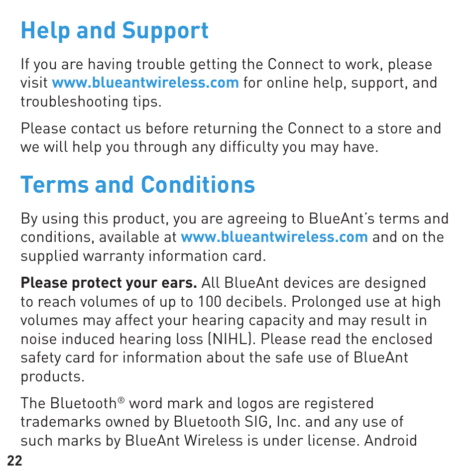 Help and support, Terms and conditions | BlueAnt CONNECT Bluetooth Earpiece User Manual | Page 22 / 28