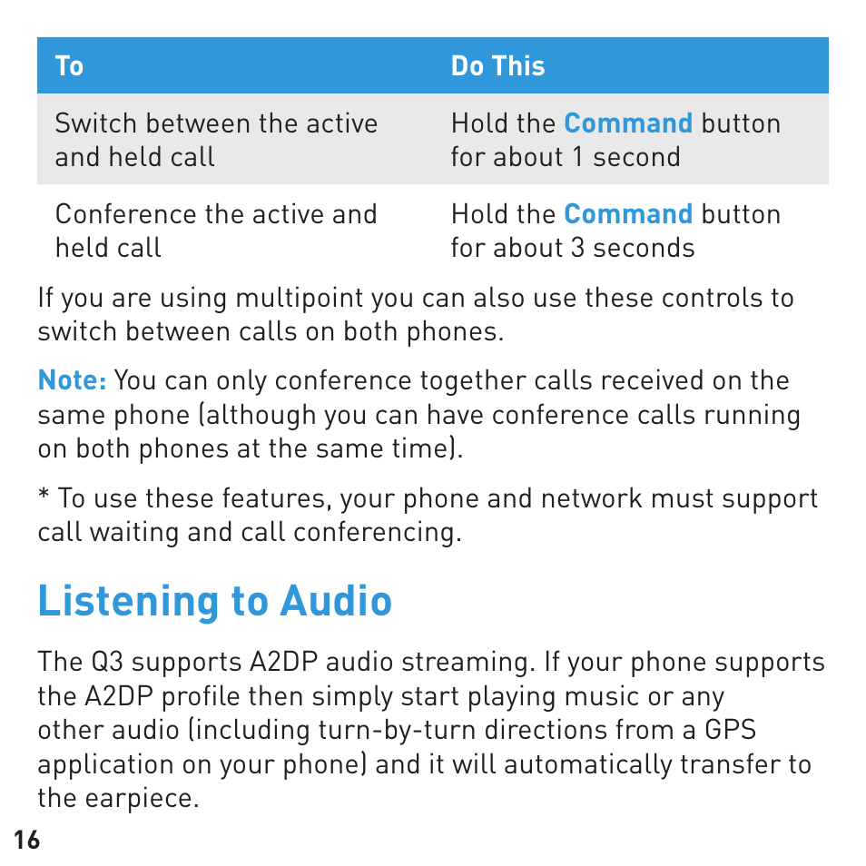 Listening to audio | BlueAnt Q3 Premium Smartphone Earpiece User Manual | Page 16 / 28