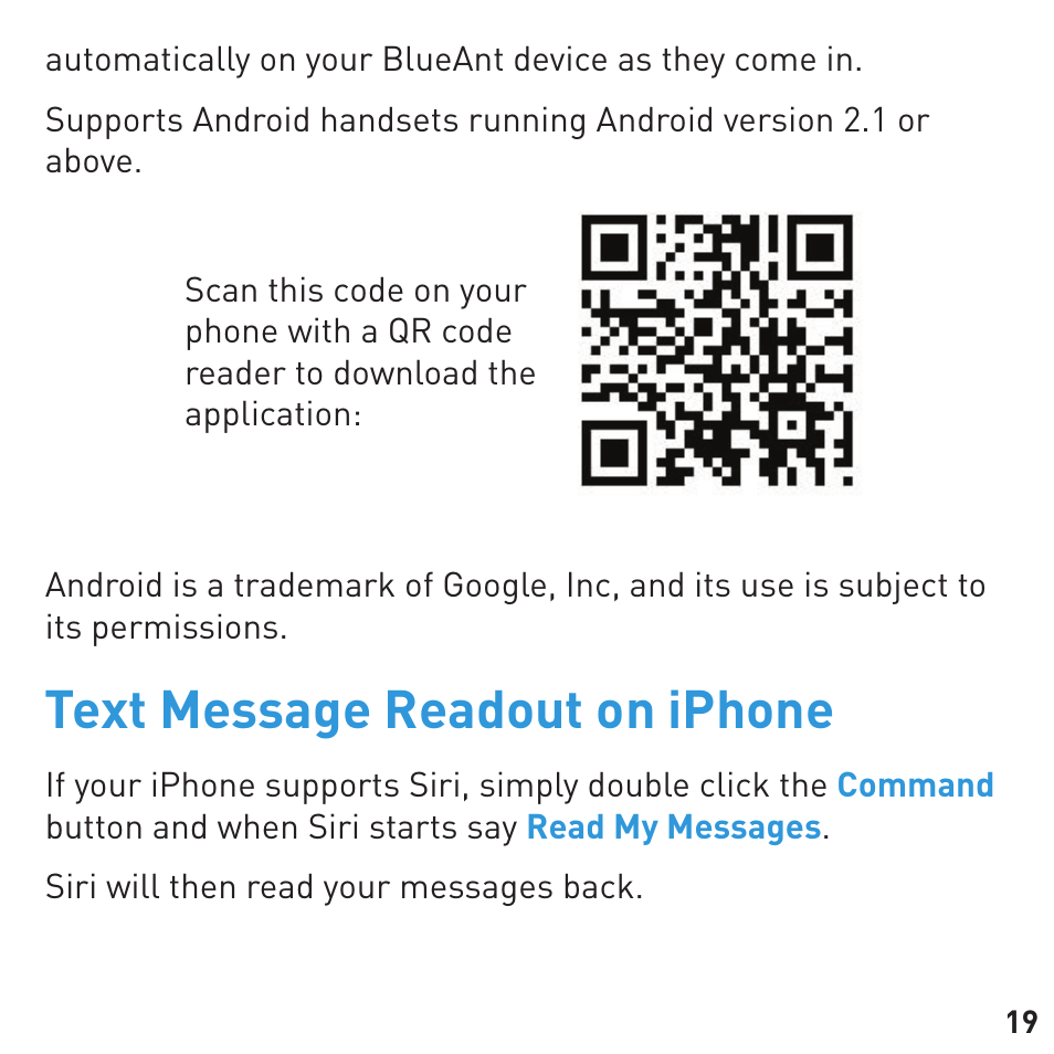 Text message readout on iphone | BlueAnt Q3 Premium Smartphone Earpiece User Manual | Page 19 / 28