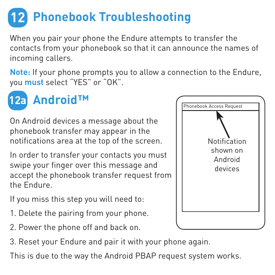 Phonebook troubleshooting, Android | BlueAnt ENDURE Rugged Bluetooth Earpiece User Manual | Page 10 / 16