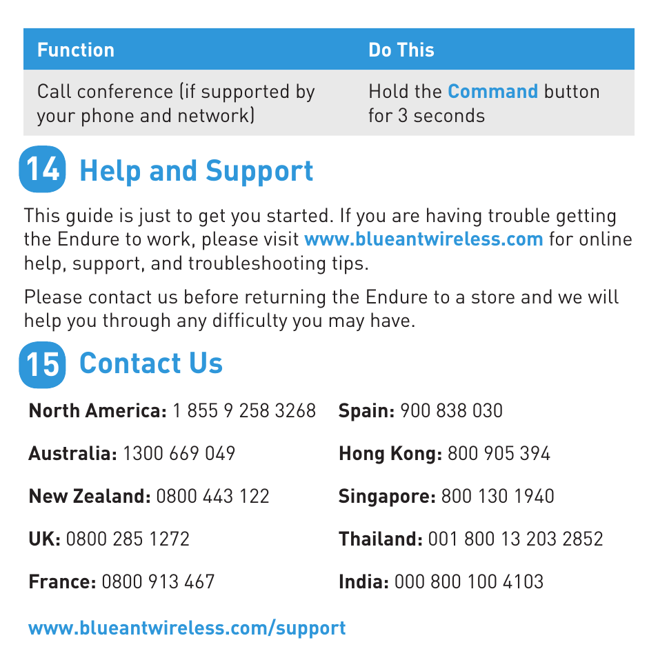 Help and support, Contact us | BlueAnt ENDURE Rugged Bluetooth Earpiece User Manual | Page 14 / 16