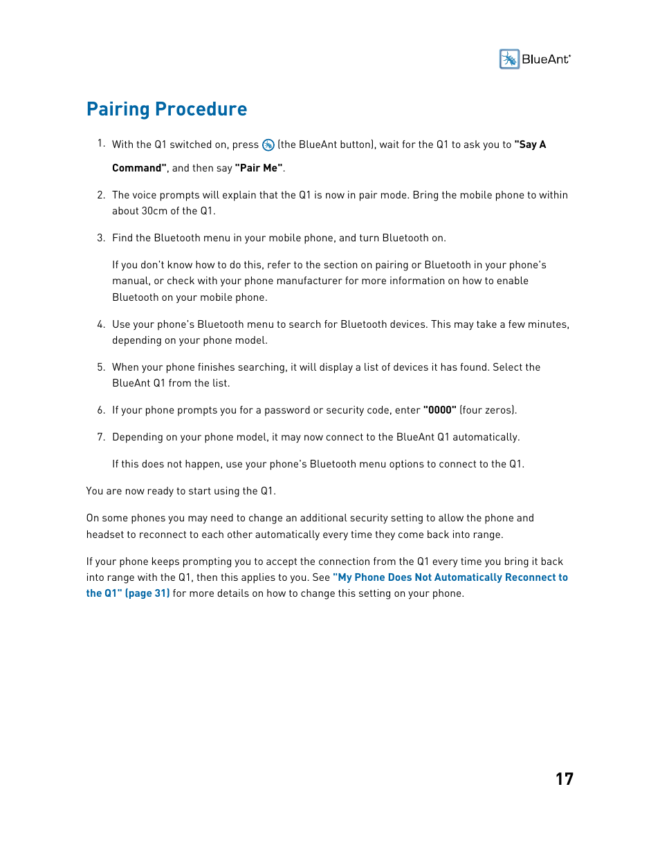 Pairing procedure | BlueAnt Q1 Voice Controlled Headset User Manual | Page 17 / 42