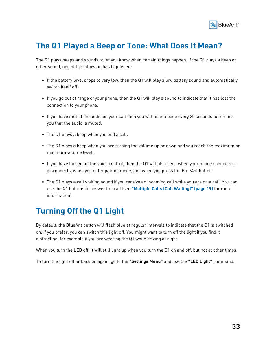 The q1 played a beep or tone: what does it mean, Turning off the q1 light | BlueAnt Q1 Voice Controlled Headset User Manual | Page 33 / 42