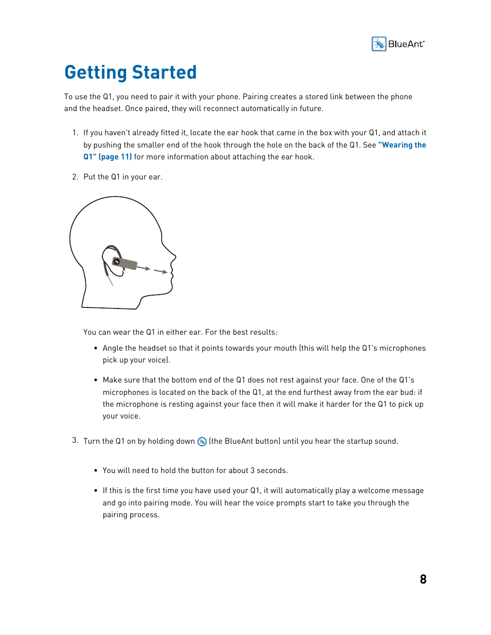 Getting started | BlueAnt Q1 Voice Controlled Headset User Manual | Page 8 / 42