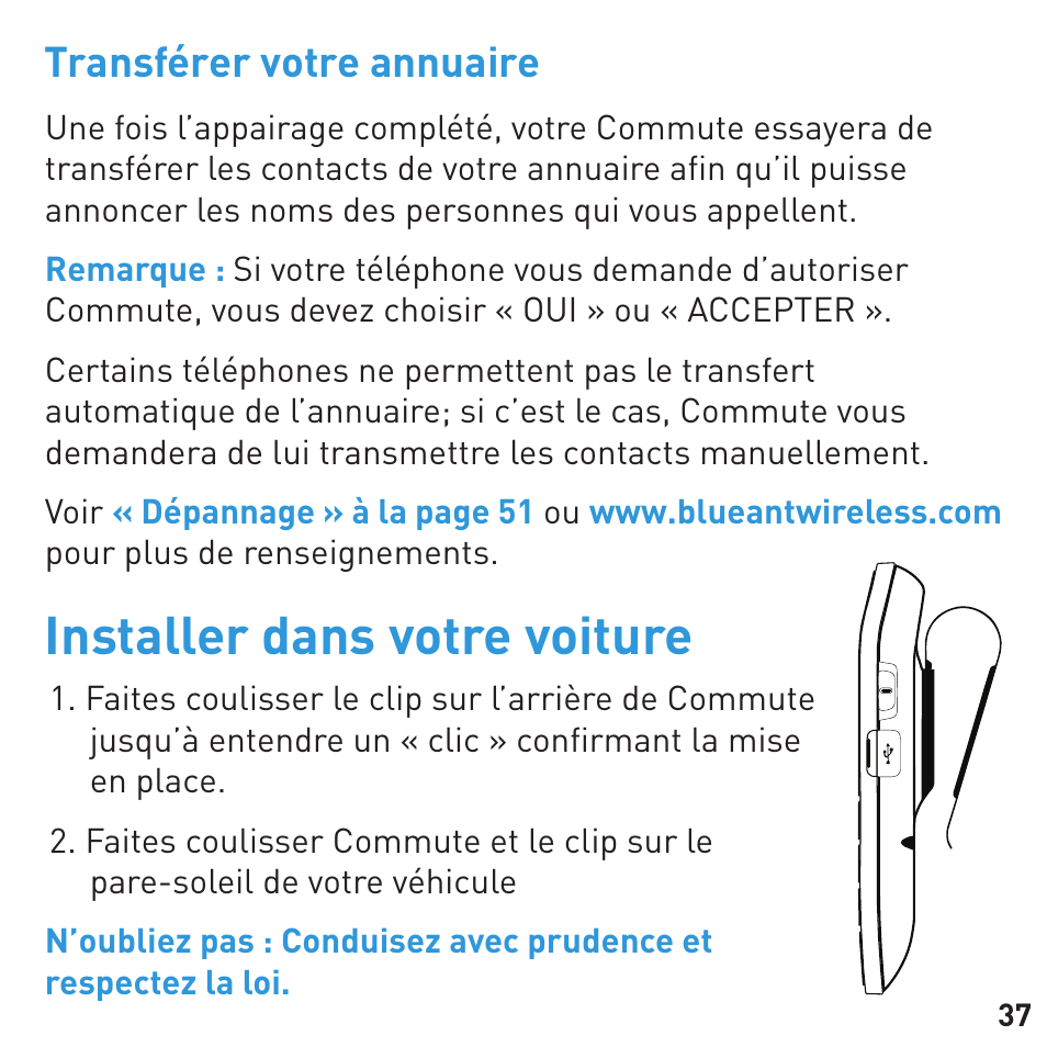 Installer dans votre voiture, Transférer votre annuaire | BlueAnt COMMUTE Voice Activated Handsfree User Manual | Page 37 / 96