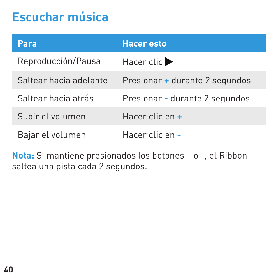 Escuchar música | BlueAnt RIBBON Stereo Bluetooth Streamer User Manual | Page 40 / 48