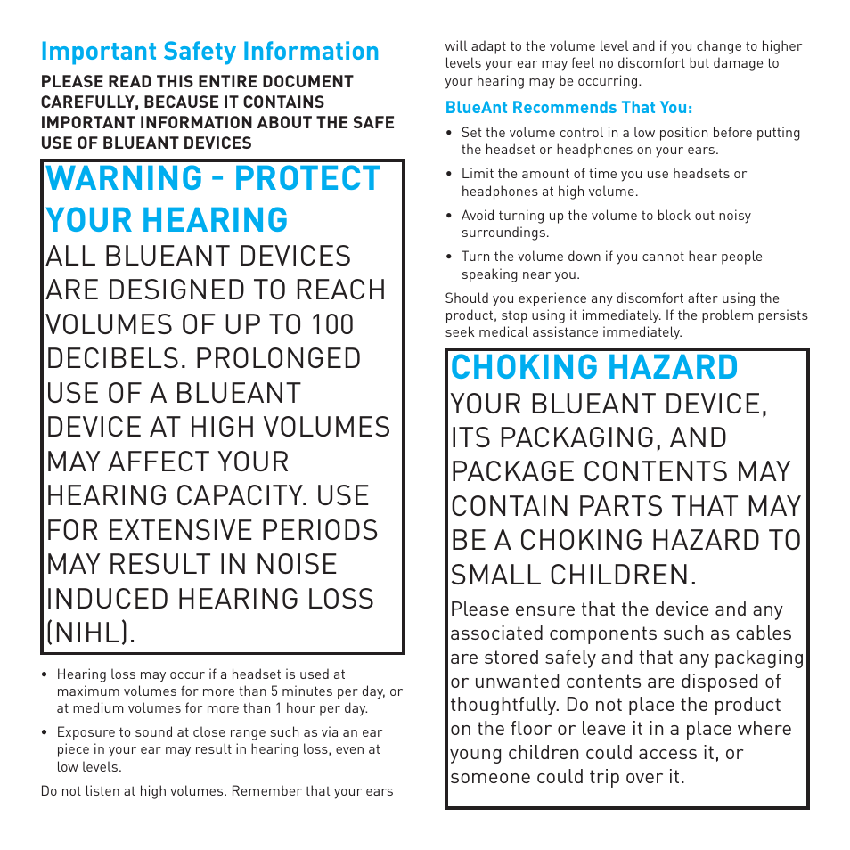 Warning - protect your hearing, Choking hazard, Important safety information | BlueAnt EMBRACE Stereo Headphones User Manual | Page 6 / 12