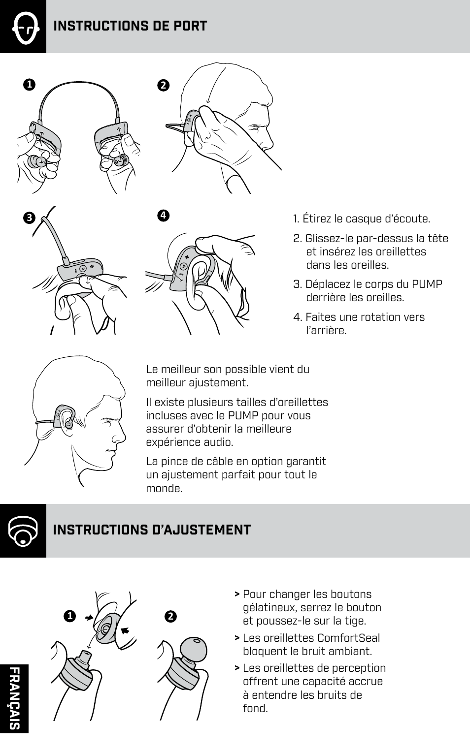 Instructions de port, Instructions d’ajustement | BlueAnt PUMP HD Sportbuds User Manual | Page 10 / 64