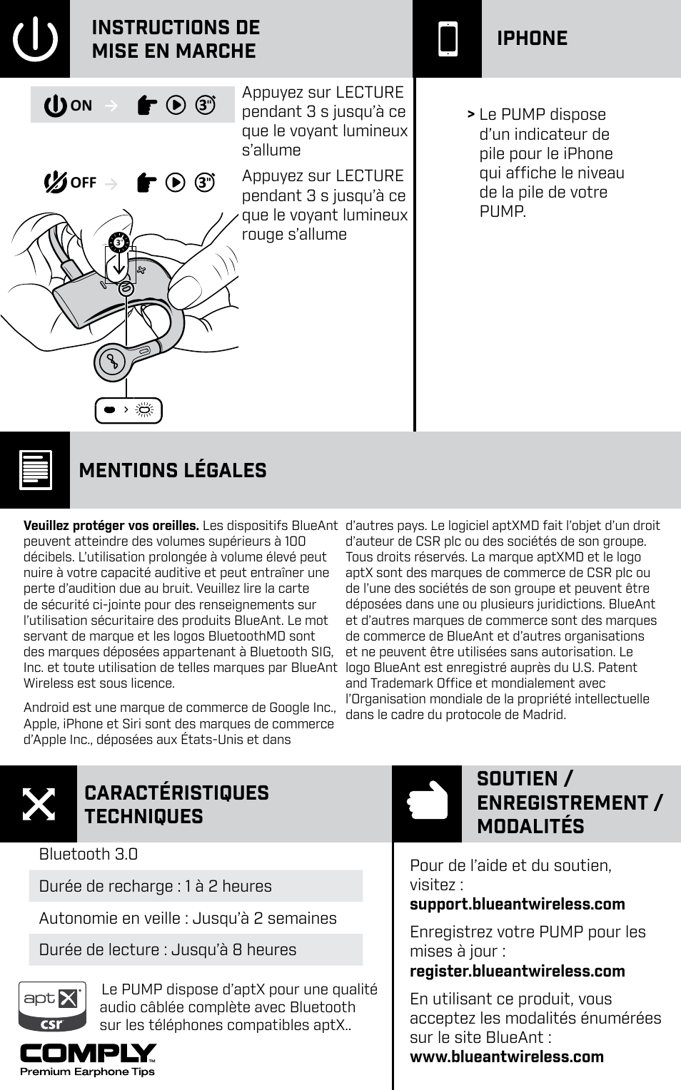 Instructions de mise en marche iphone, Mentions légales | BlueAnt PUMP HD Sportbuds User Manual | Page 13 / 64