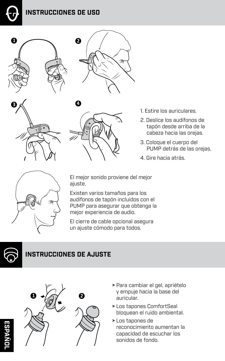 Instrucciones de uso, Instrucciones de ajuste, Es pañ ol | BlueAnt PUMP HD Sportbuds User Manual | Page 16 / 64