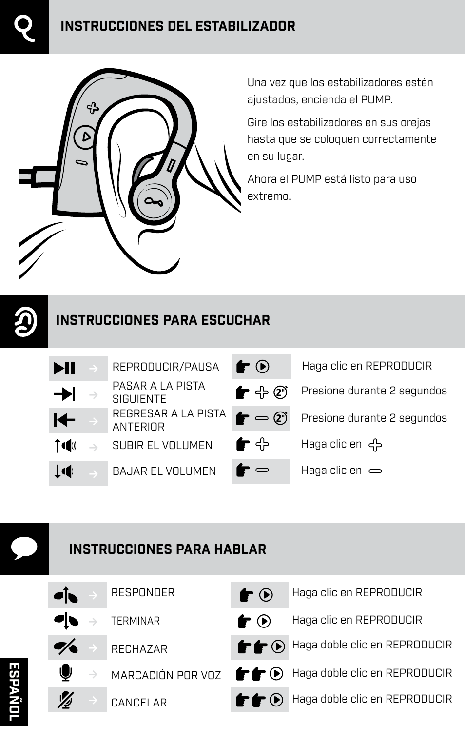 Instrucciones para hablar, Es pañ ol | BlueAnt PUMP HD Sportbuds User Manual | Page 18 / 64