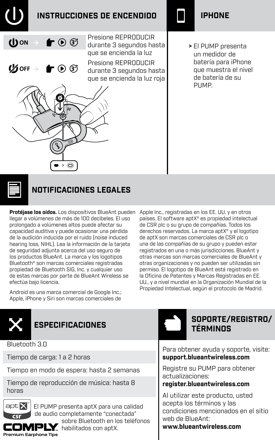 Instrucciones de encendido iphone, Notificaciones legales, Especificaciones soporte/registro/ términos | BlueAnt PUMP HD Sportbuds User Manual | Page 19 / 64