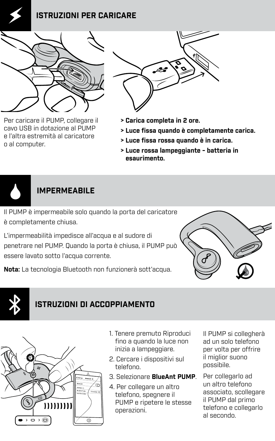 Istruzioni per caricare, Impermeabile, Istruzioni di accoppiamento | BlueAnt PUMP HD Sportbuds User Manual | Page 21 / 64