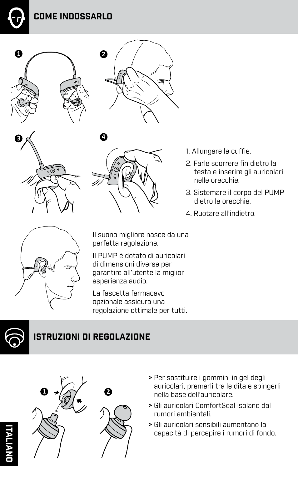Come indossarlo, Istruzioni di regolazione, Ita li a no | BlueAnt PUMP HD Sportbuds User Manual | Page 22 / 64