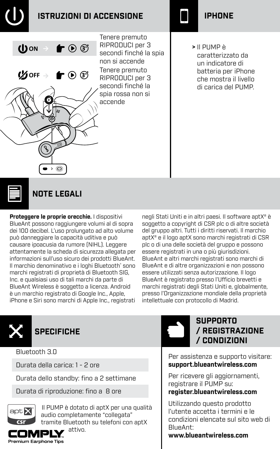 Istruzioni di accensione iphone, Specifiche supporto / registrazione / condizioni | BlueAnt PUMP HD Sportbuds User Manual | Page 25 / 64