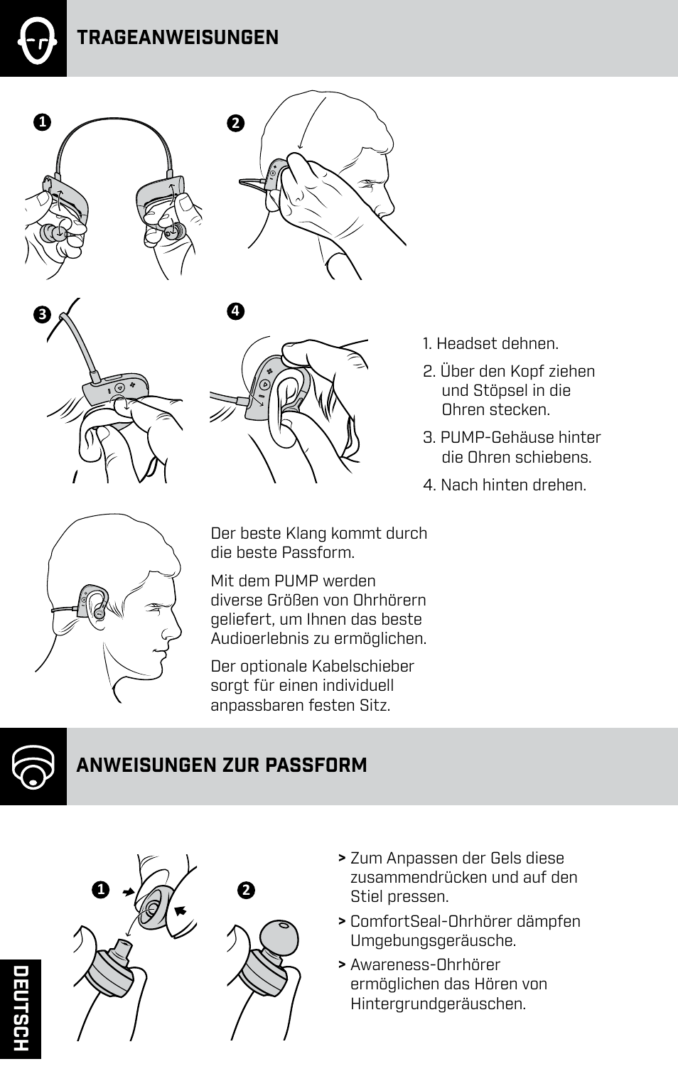 Trageanweisungen, Anweisungen zur passform, De ut sch | BlueAnt PUMP HD Sportbuds User Manual | Page 28 / 64