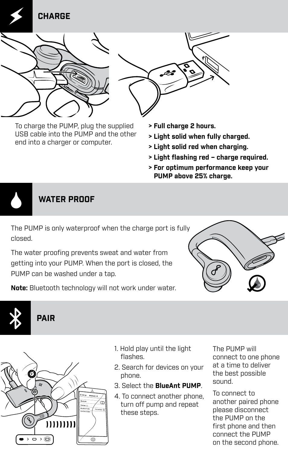 Charge, Water proof, Pair | BlueAnt PUMP HD Sportbuds User Manual | Page 3 / 64