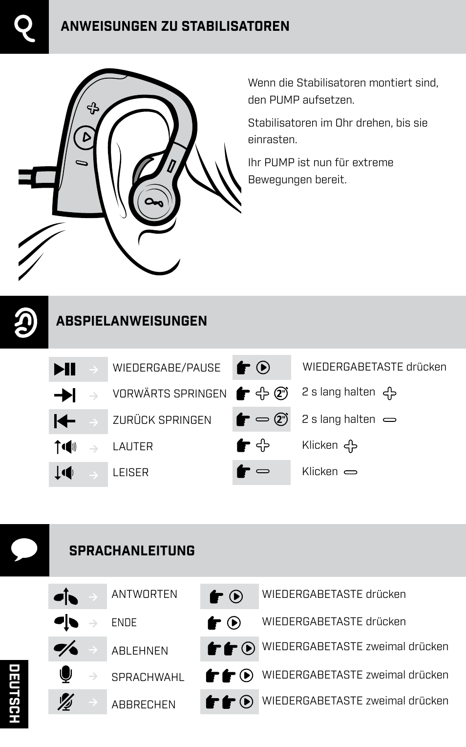 Anweisungen zu stabilisatoren abspielanweisungen, Sprachanleitung, De ut sch | BlueAnt PUMP HD Sportbuds User Manual | Page 30 / 64