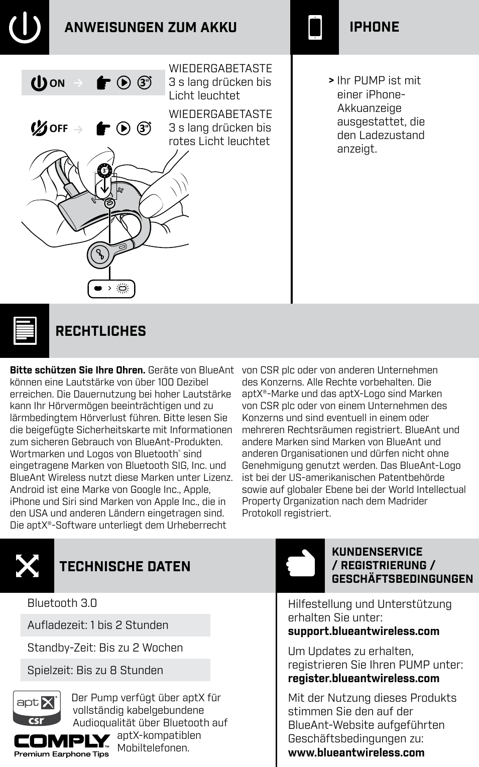 Anweisungen zum akku iphone, Rechtliches, Technische daten | BlueAnt PUMP HD Sportbuds User Manual | Page 31 / 64