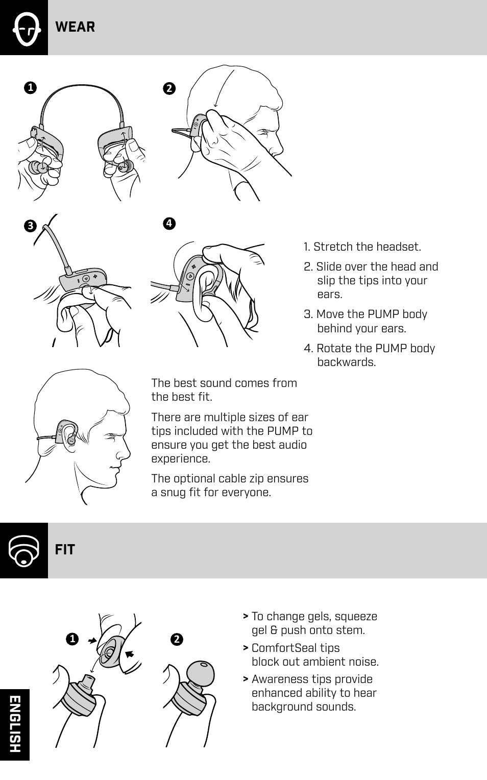 Wear, En glish | BlueAnt PUMP HD Sportbuds User Manual | Page 4 / 64