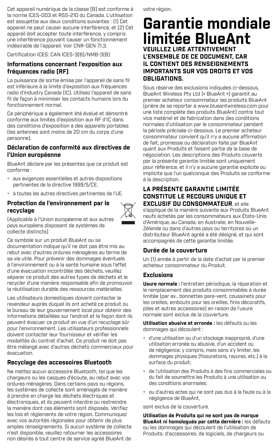 Garantie mondiale limitée blueant | BlueAnt PUMP HD Sportbuds User Manual | Page 42 / 64