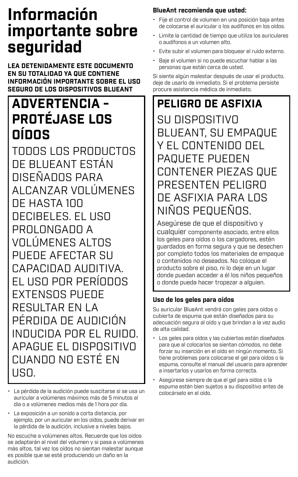 Información importante sobre seguridad, Advertencia - protéjase los oídos | BlueAnt PUMP HD Sportbuds User Manual | Page 45 / 64