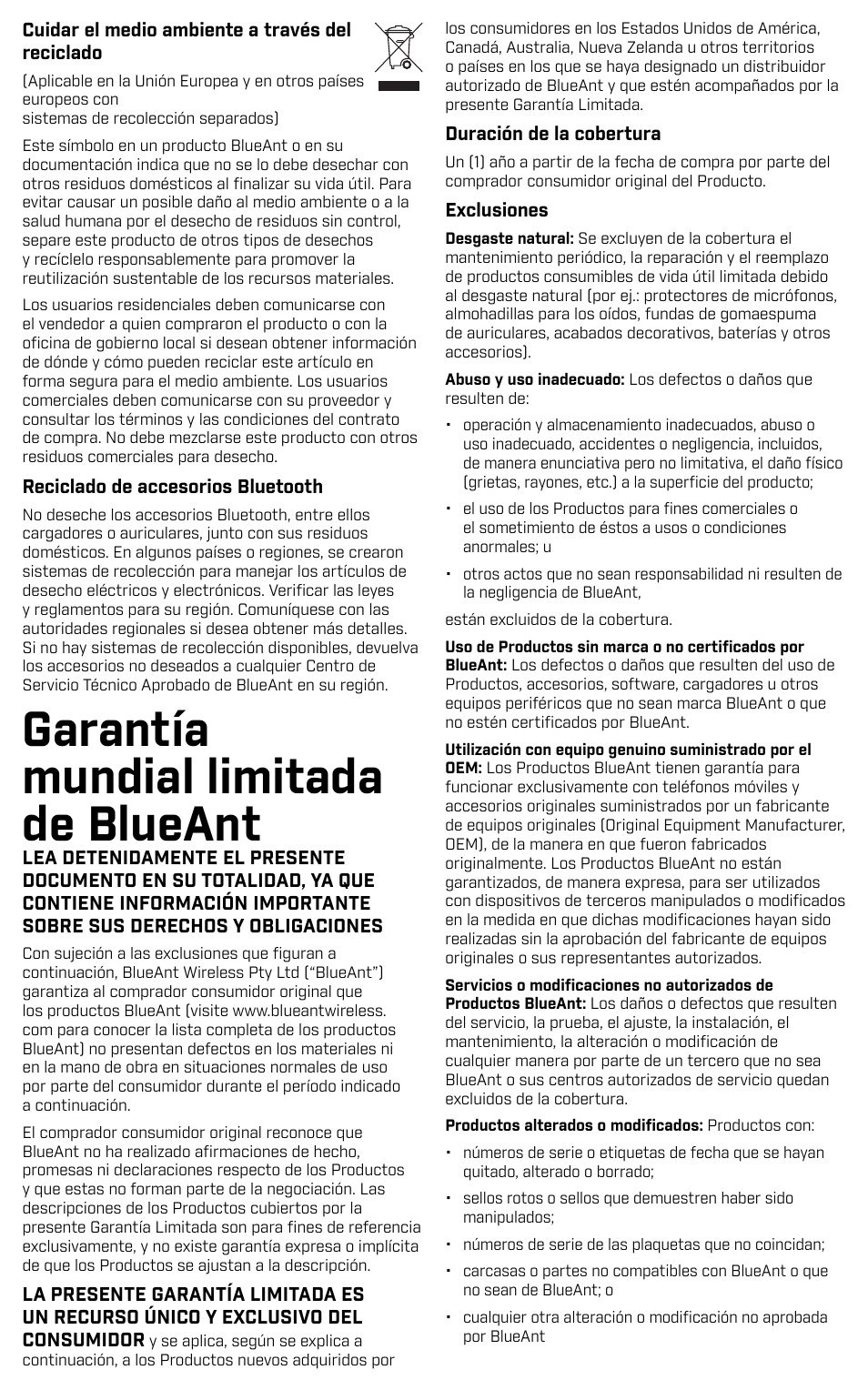 Garantía mundial limitada de blueant | BlueAnt PUMP HD Sportbuds User Manual | Page 48 / 64