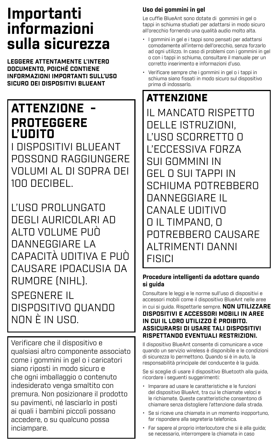 Importanti informazioni sulla sicurezza, Attenzione - proteggere l’udito | BlueAnt PUMP HD Sportbuds User Manual | Page 51 / 64