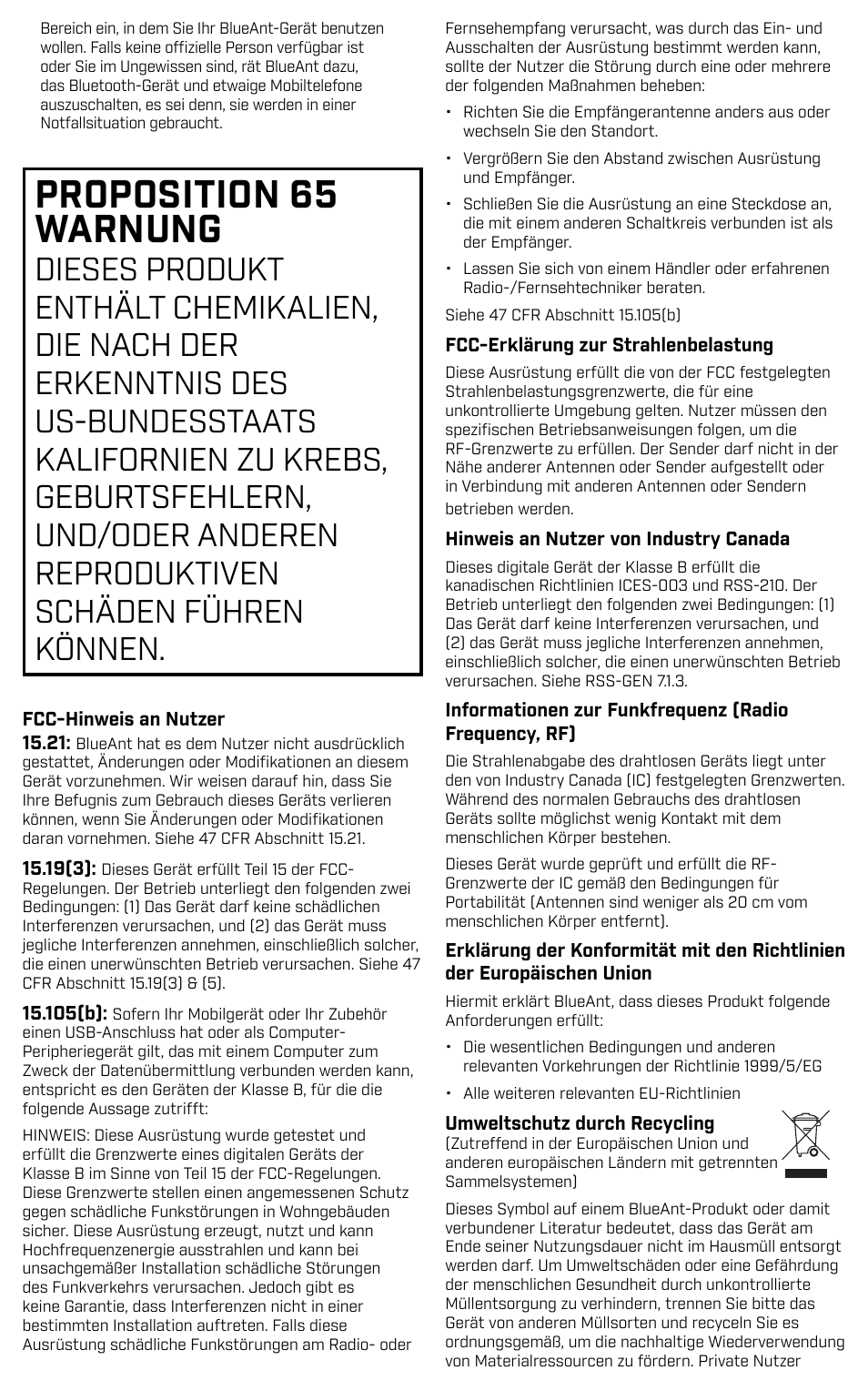 Proposition 65 warnung | BlueAnt PUMP HD Sportbuds User Manual | Page 59 / 64