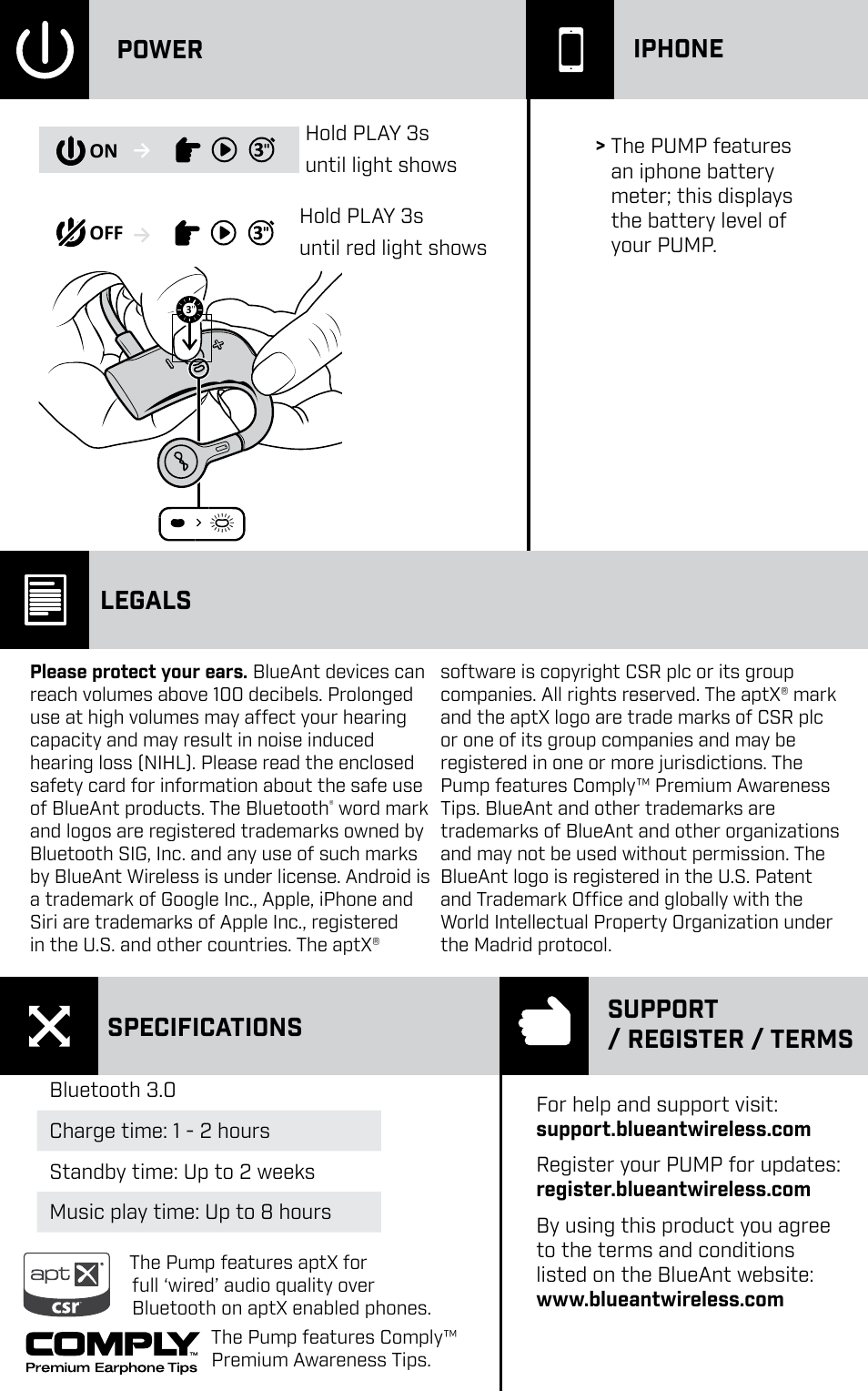Power iphone, Legals, Specifications support / register / terms | BlueAnt PUMP HD Sportbuds User Manual | Page 7 / 64